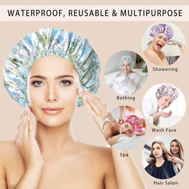 CHFONG 4 PCS Shower Caps for Women, Printing Bath Caps, Double Layers Shower Cap Reusable Waterproof, Bathing Shower Caps, Environmental Protection Hair Bath Hat - Flower - Image 2